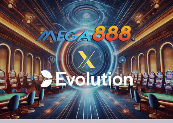 A stunning casino background showing Mega888 and Evolution logo