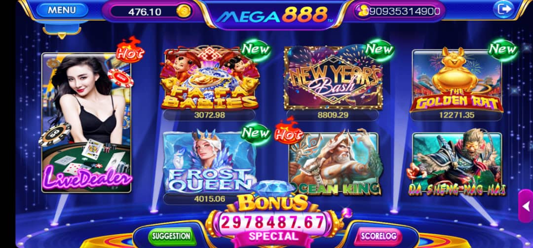 A colorful slot machine showcasing various game options, highlighting the latest Mega888 updates.